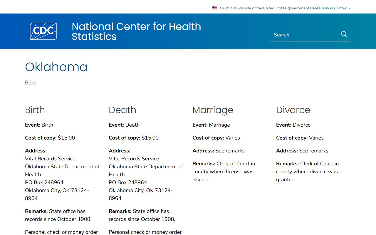 CDC Oklahoma vital records overview for death index