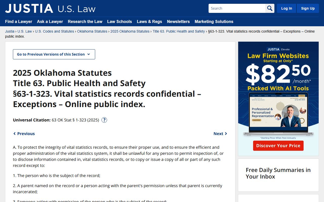 Justia Oklahoma statutes for death index access rules