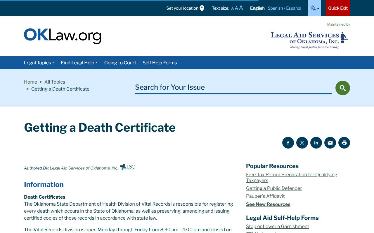 Legal Aid Oklahoma death certificate guide for death index