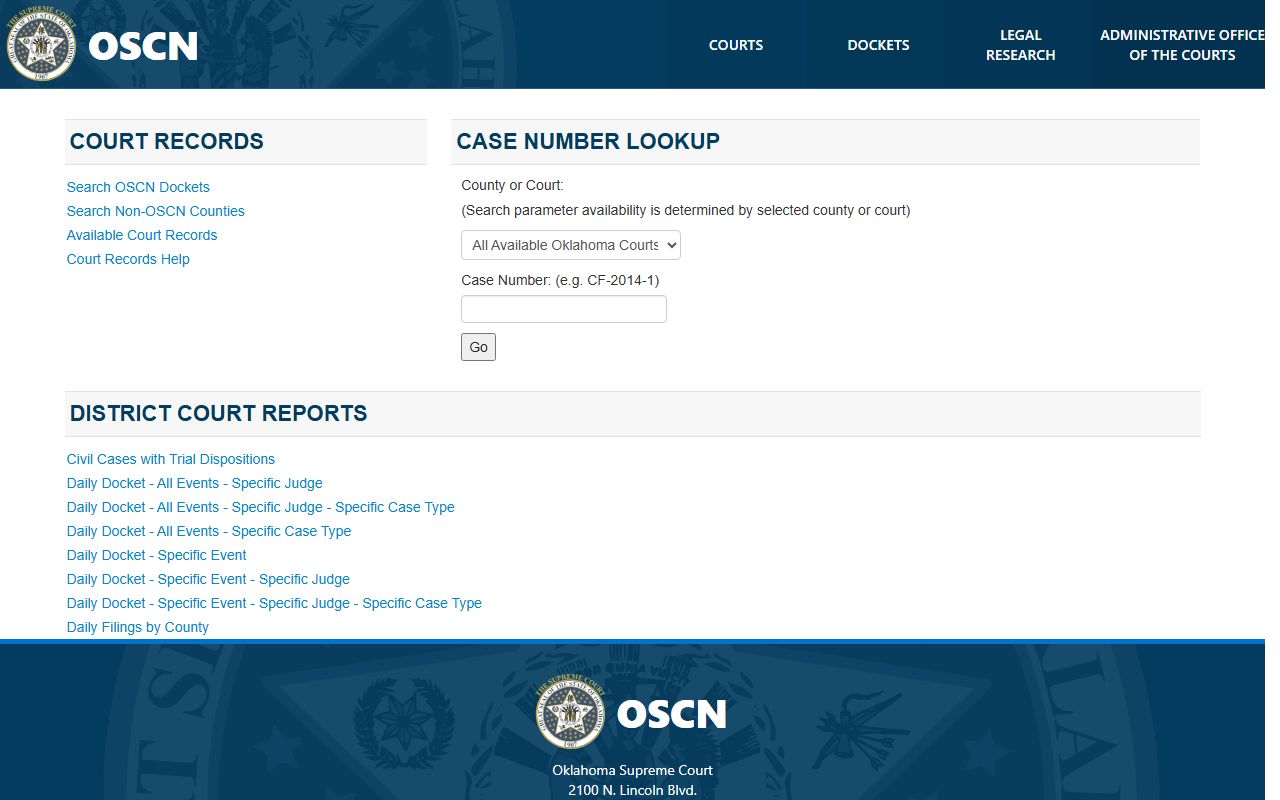 Oklahoma State Courts Network docket search for death index