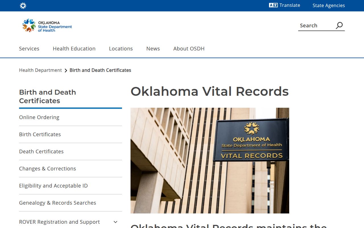 Oklahoma death index OSDH vital records main page